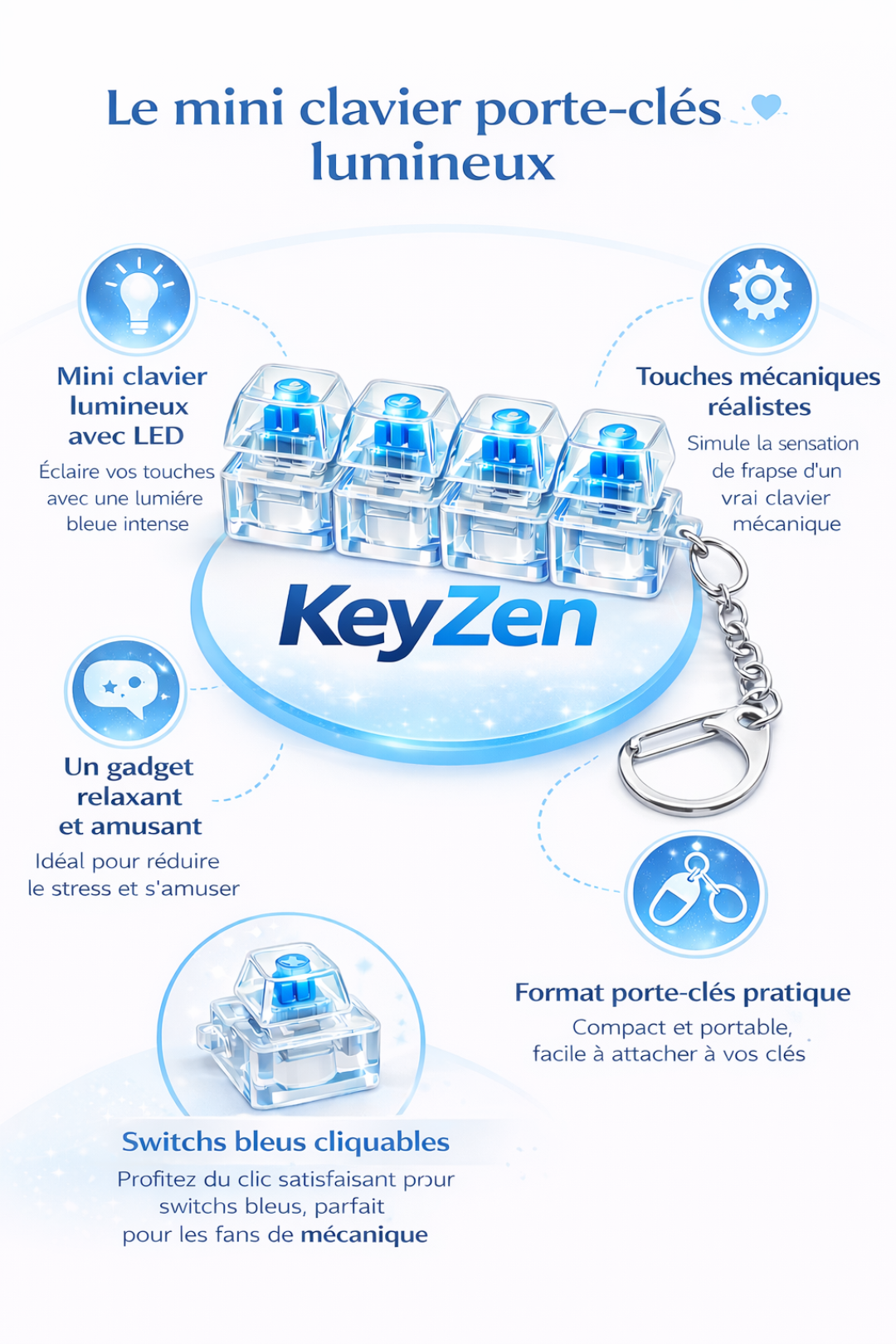 Porte-clé Clavier Mécanique Anti-Stress Lumineux